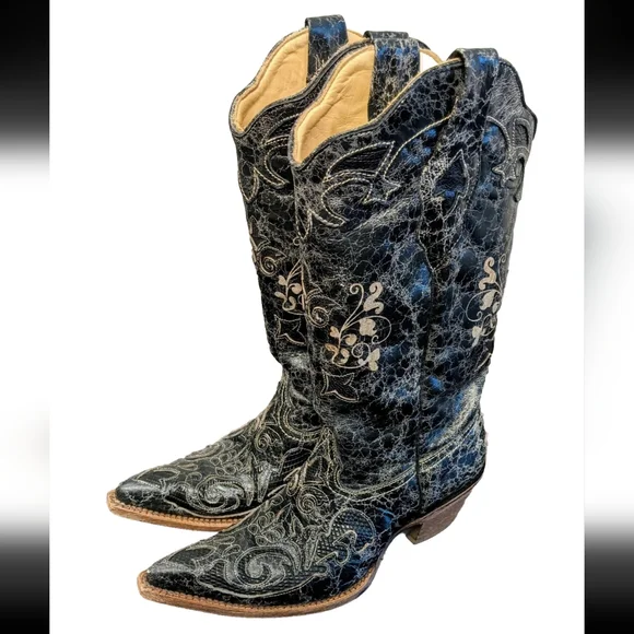 Corral Lizard Inlay Distressed Black Western Boots Floral Design C2108 Womens 7M - Picture 2 of 7